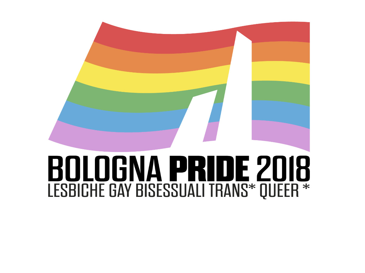 bandiera rainbow lgbtq con la sagome delle due torri di Bologna in primo piano
